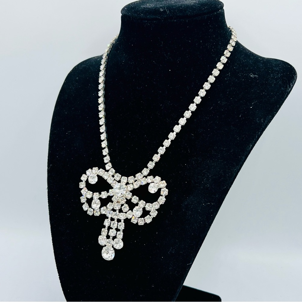 Vintage silver tone clear rhinestone choker necklace bow dangles costume jewelry